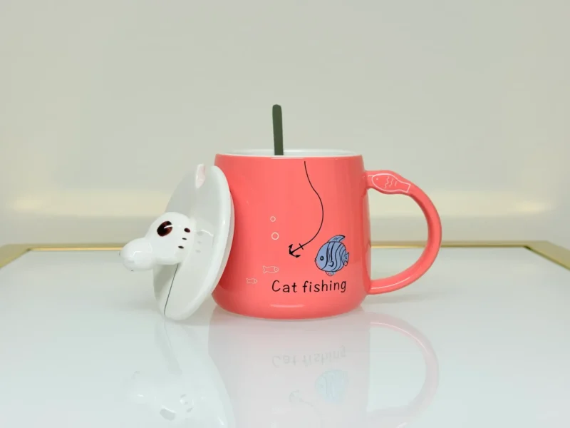 Cute Ceramic Cat Mug with Lid and Spoon - Adorable Gift for Tea & Coffee Lovers (Blue, Pink, Yellow, Gray)