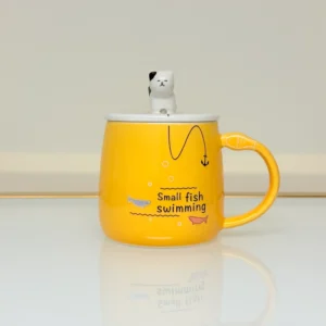 Cute Ceramic Cat Mug with Lid and Spoon - Adorable Gift for Tea & Coffee Lovers (Blue, Pink, Yellow, Gray)