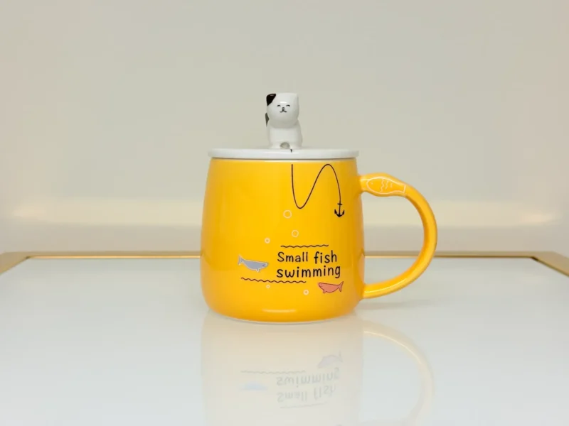 Cute Ceramic Cat Mug with Lid and Spoon - Adorable Gift for Tea & Coffee Lovers (Blue, Pink, Yellow, Gray)
