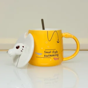Cute Ceramic Cat Mug with Lid and Spoon - Adorable Gift for Tea & Coffee Lovers (Blue, Pink, Yellow, Gray)