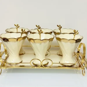 dessert cup set with gold tray and spoons