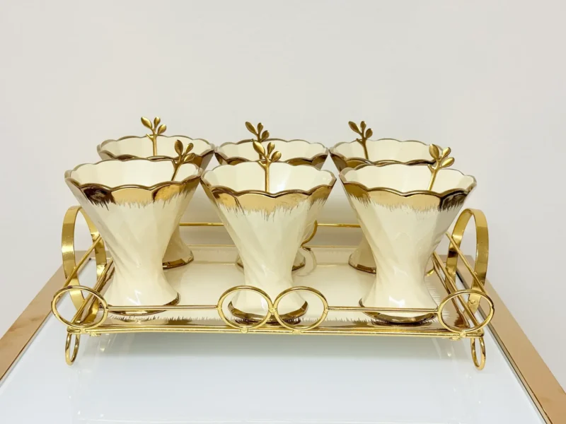 dessert cup set with gold tray and spoons