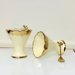 Dessert Cup Set with Gold Tray and Spoons - 6-Piece Ceramic Ice Cream Cups (Green, Cream)