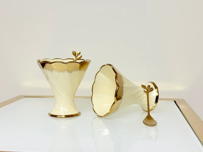 Dessert Cup Set with Gold Tray and Spoons - 6-Piece Ceramic Ice Cream Cups (Green, Cream)