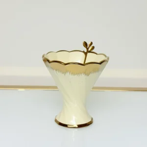 Dessert Cup Set with Gold Tray and Spoons - 6-Piece Ceramic Ice Cream Cups (Green, Cream)