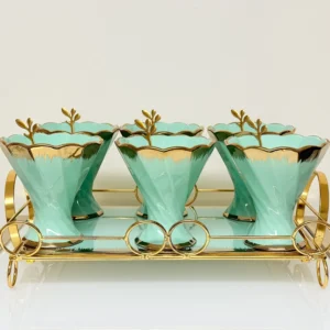 Dessert Cup Set with Gold Tray and Spoons - 6-Piece Ceramic Ice Cream Cups (Green, Cream)