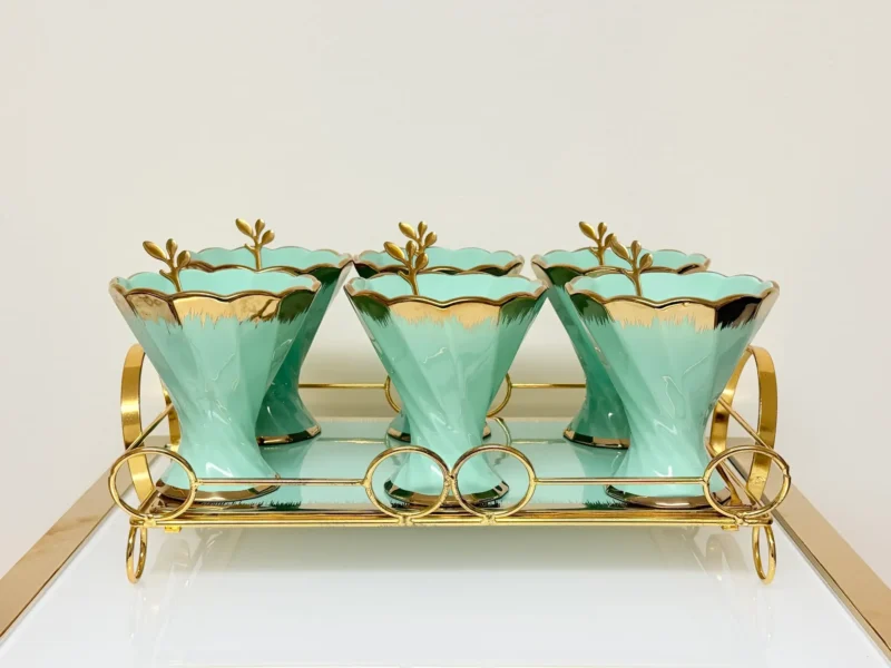 Dessert Cup Set with Gold Tray and Spoons - 6-Piece Ceramic Ice Cream Cups (Green, Cream)