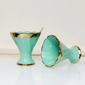 Dessert Cup Set with Gold Tray and Spoons - 6-Piece Ceramic Ice Cream Cups (Green, Cream)