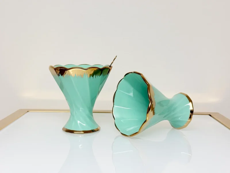 Dessert Cup Set with Gold Tray and Spoons - 6-Piece Ceramic Ice Cream Cups (Green, Cream)