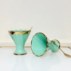 Dessert Cup Set with Gold Tray and Spoons - 6-Piece Ceramic Ice Cream Cups (Green, Cream)