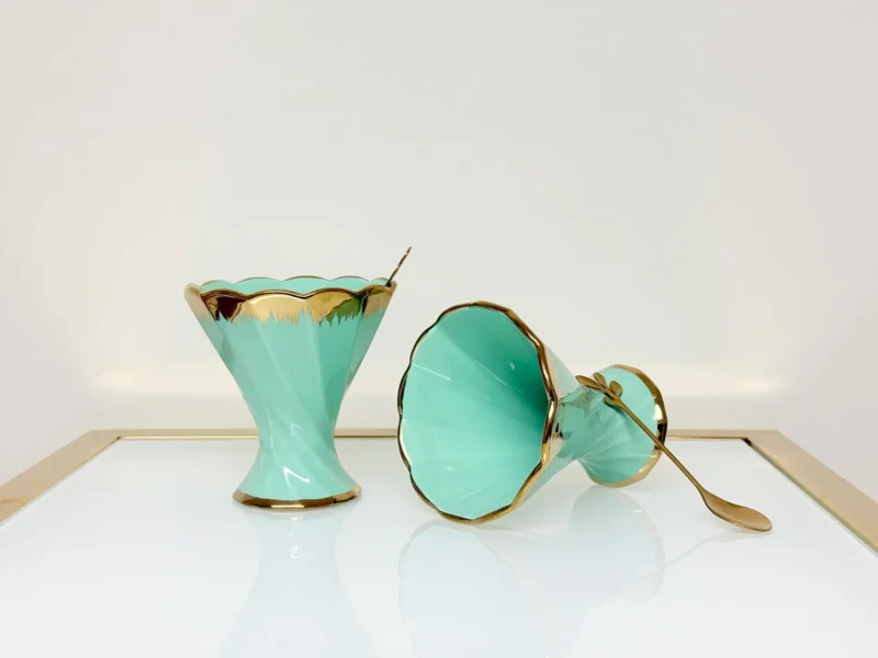 Dessert Cup Set with Gold Tray and Spoons - 6-Piece Ceramic Ice Cream Cups (Green, Cream)