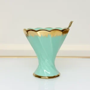 Dessert Cup Set with Gold Tray and Spoons - 6-Piece Ceramic Ice Cream Cups (Green, Cream)