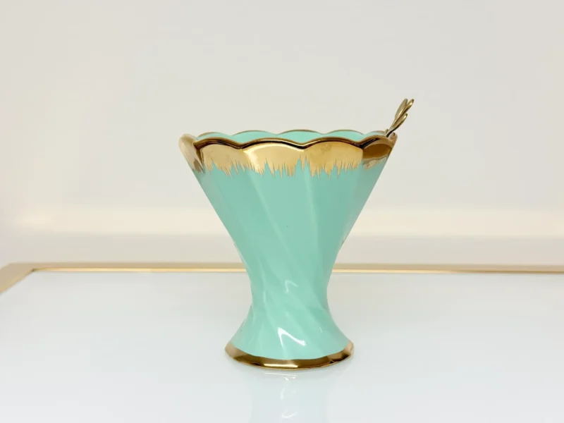 Dessert Cup Set with Gold Tray and Spoons - 6-Piece Ceramic Ice Cream Cups (Green, Cream)