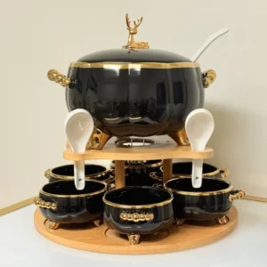 Luxury Ceramic Soup Bowl Set with Stand and Spoons - 15 Piece Serving Set (Black, Cream, Mocha, White)