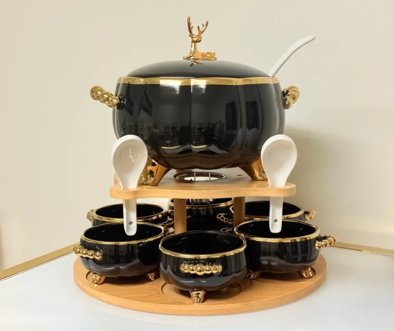 Luxury Ceramic Soup Bowl Set with Stand and Spoons - 15 Piece Serving Set (Black, Cream, Mocha, White)