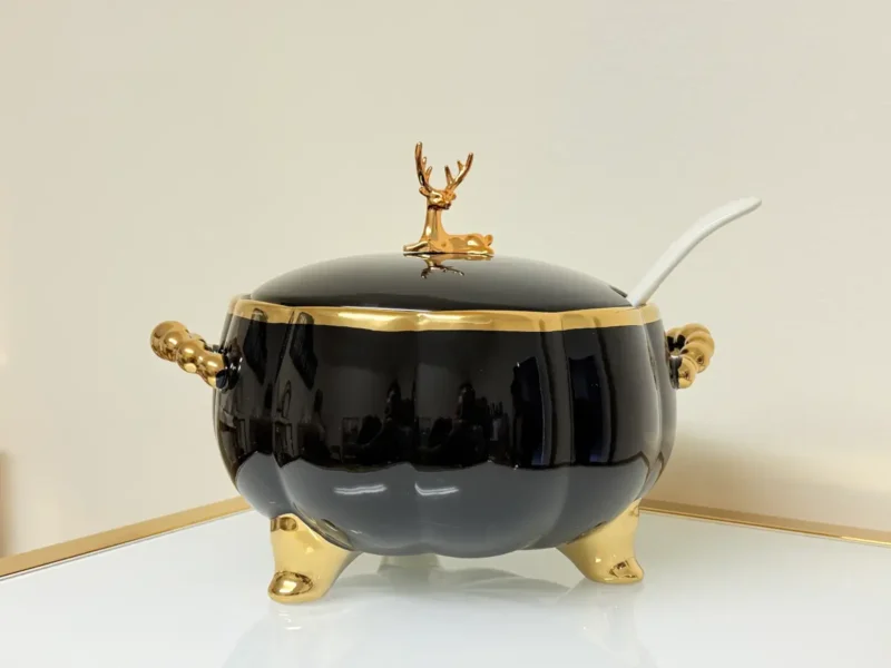 Luxury Ceramic Soup Bowl Set with Stand and Spoons - 15 Piece Serving Set (Black, Cream, Mocha, White)