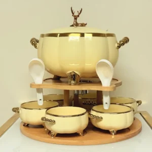 Luxury Ceramic Soup Bowl Set with Stand and Spoons - 15 Piece Serving Set (Black, Cream, Mocha, White)