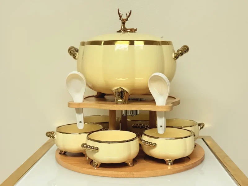 Luxury Ceramic Soup Bowl Set with Stand and Spoons - 15 Piece Serving Set (Black, Cream, Mocha, White)