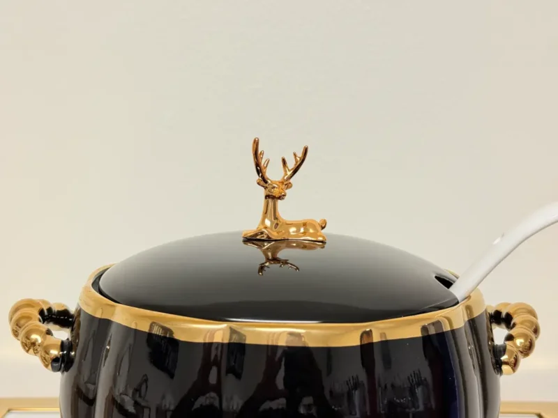 Luxury Ceramic Soup Bowl Set with Stand and Spoons - 15 Piece Serving Set (Black, Cream, Mocha, White)