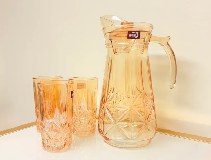 Glass Pitcher Set with Glasses - 57.5oz Pitcher + Six 9.4oz Glasses - Amber or Clear