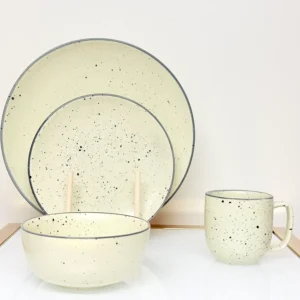 24-Piece Speckled Ceramic Dinnerware Set – Plates, Bowls & Mugs (White, Blue, Lemon)