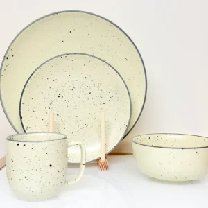 24-Piece Speckled Ceramic Dinnerware Set – Plates, Bowls & Mugs (White, Blue, Lemon)