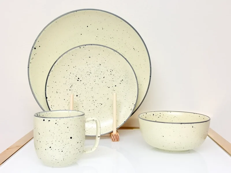 24-Piece Speckled Ceramic Dinnerware Set – Plates, Bowls & Mugs (White, Blue, Lemon)