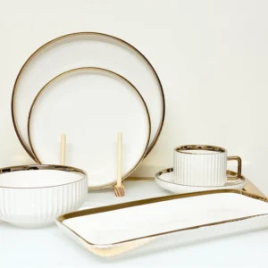 32-Piece White Ribbed Ceramic Dinnerware Set with Gold or Silver Trim - Plates, Bowls, Cups & Serving Plates