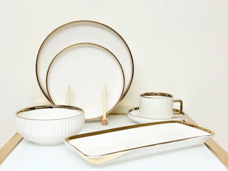 32-Piece White Ribbed Ceramic Dinnerware Set with Gold or Silver Trim - Plates, Bowls, Cups & Serving Plates