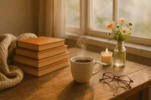 Books to read with coffee, A cozy sunlit morning scene with a steaming cup of coffee, a stack of warm-toned books, reading glasses, a lit candle, and fresh flowers on a rustic wooden table by a window overlooking a misty garden.