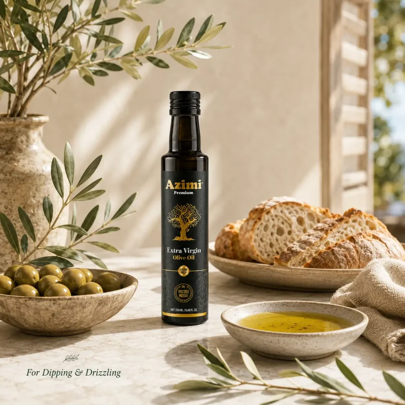 azimi-premium-250ml-extra-virgin-olive-oil-bread-dipping Azimi Premium 250ml extra virgin olive oil served with bread and olives