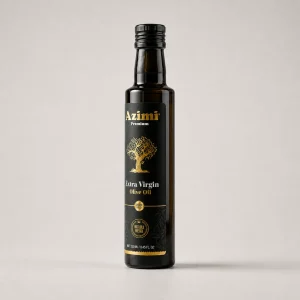 azimi-premium-250ml-extra-virgin-olive-oil-front-view Front view of an Azimi Premium 250ml extra virgin olive oil bottle