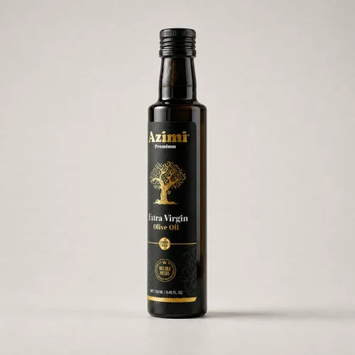 Front view of an Azimi Premium 250ml extra virgin olive oil bottle