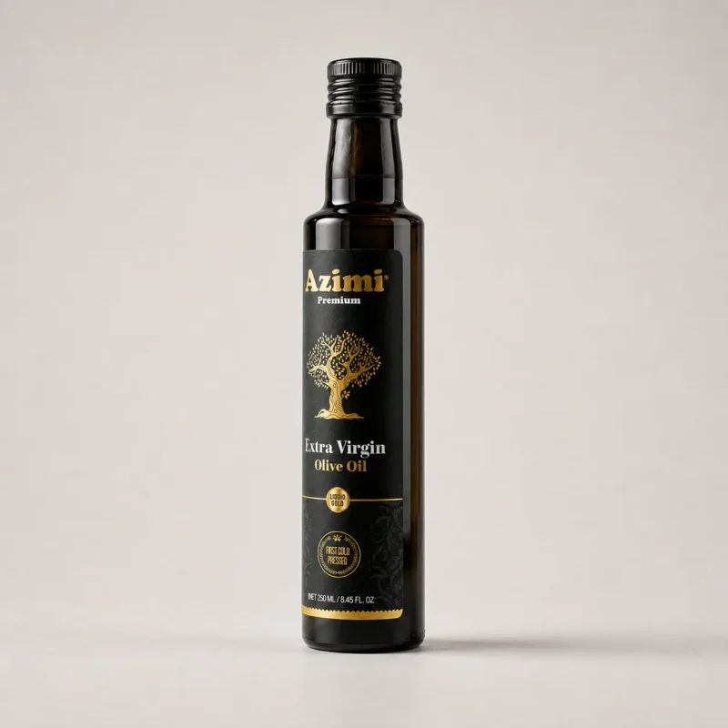 azimi-premium-250ml-extra-virgin-olive-oil-front-view Front view of an Azimi Premium 250ml extra virgin olive oil bottle