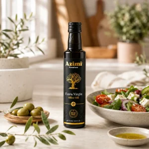 azimi-premium-250ml-extra-virgin-olive-oil-kitchen-salad Azimi Premium 250ml extra virgin olive oil beside salad and olives