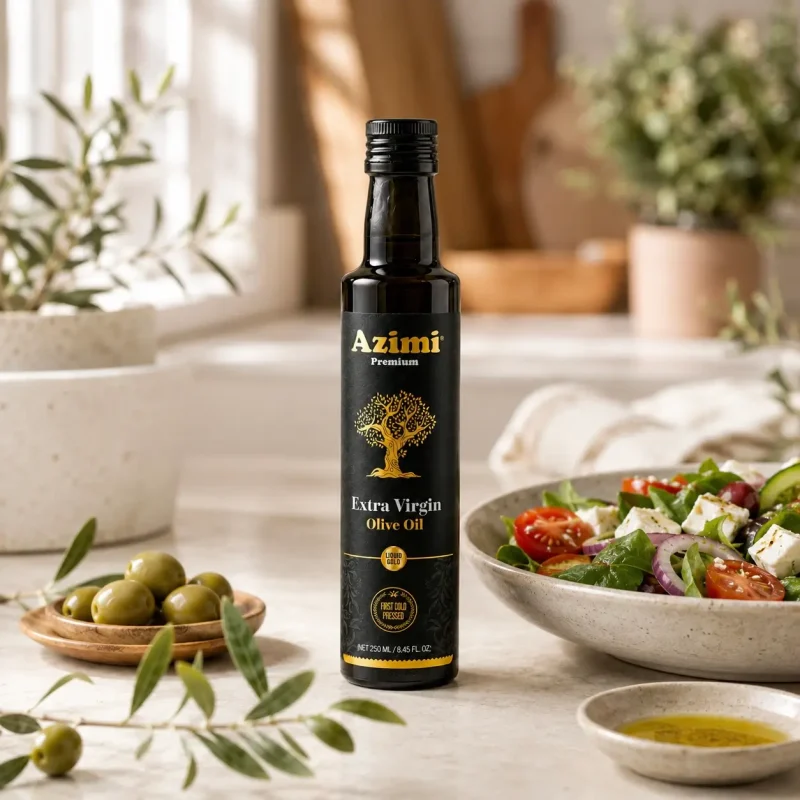 azimi-premium-250ml-extra-virgin-olive-oil-kitchen-salad Azimi Premium 250ml extra virgin olive oil beside salad and olives