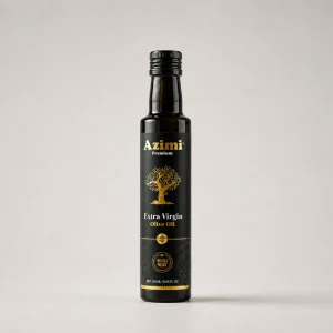 azimi-premium-250ml-extra-virgin-olive-oil-studio-bottle Azimi Premium 250ml extra virgin olive oil bottle in a studio setting
