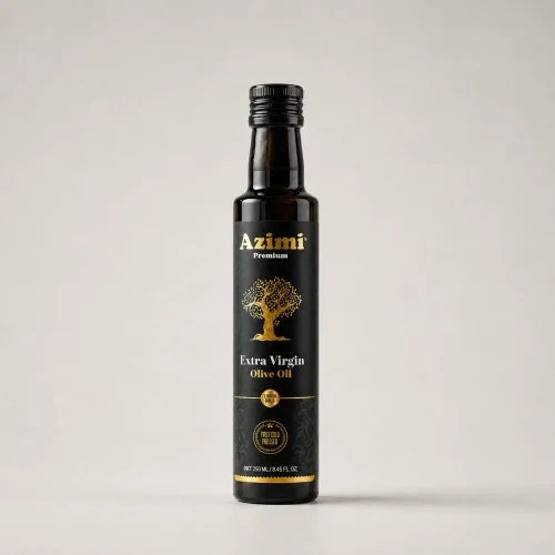 azimi-premium-250ml-extra-virgin-olive-oil-studio-bottle Azimi Premium 250ml extra virgin olive oil bottle in a studio setting