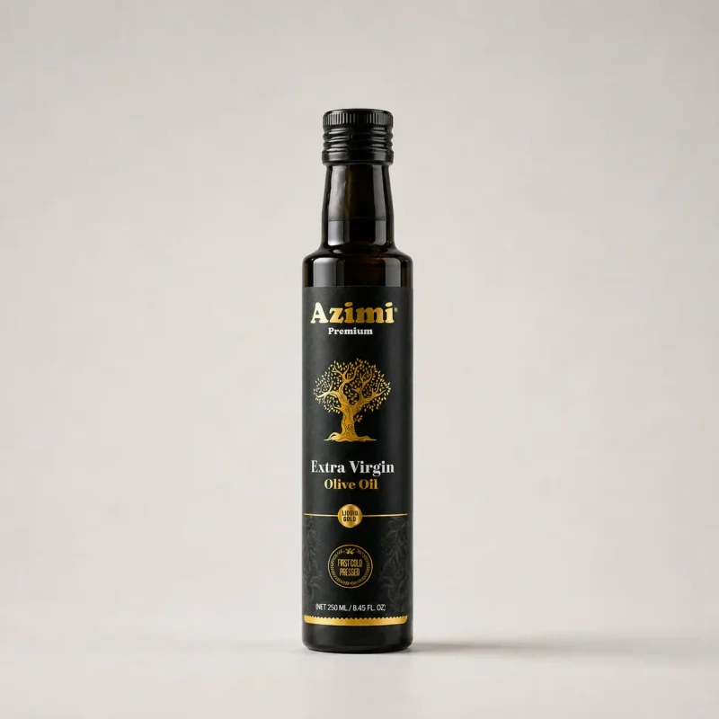 azimi-premium-250ml-extra-virgin-olive-oil-studio-bottle Azimi Premium 250ml extra virgin olive oil bottle in a studio setting