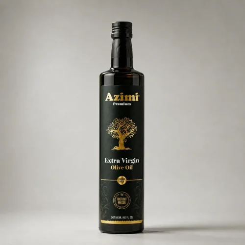 azimi-premium-500ml-extra-virgin-olive-oil-front-view Front view of an Azimi Premium 500ml extra virgin olive oil bottle