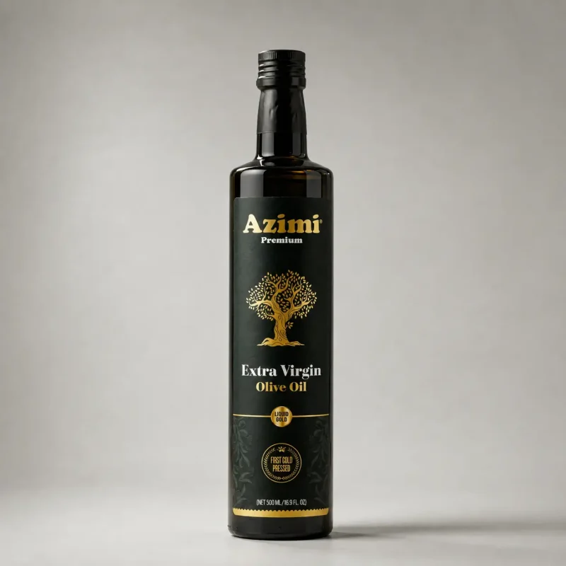 azimi-premium-500ml-extra-virgin-olive-oil-front-view Front view of an Azimi Premium 500ml extra virgin olive oil bottle