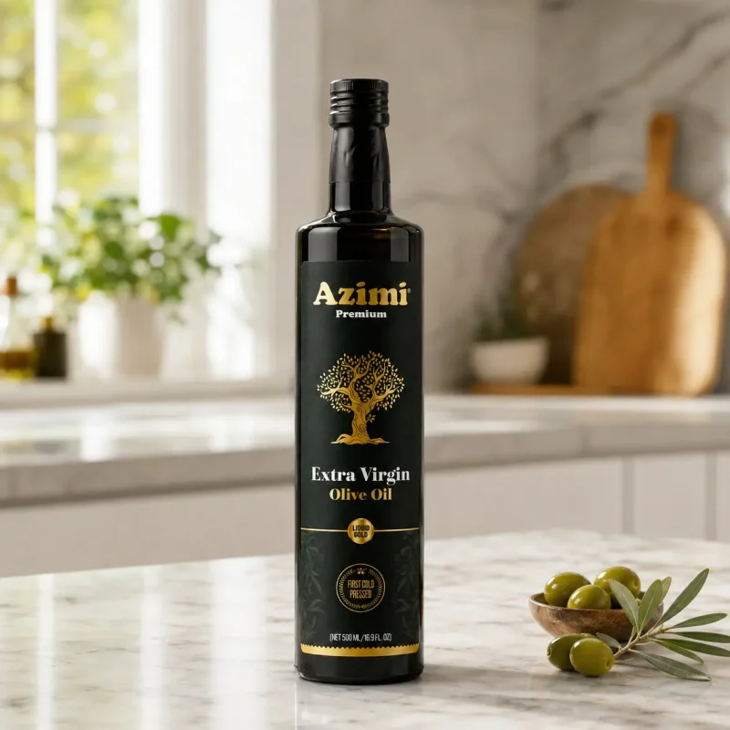 azimi-premium-500ml-extra-virgin-olive-oil-kitchen-olives Azimi Premium 500ml extra virgin olive oil with olives in a kitchen