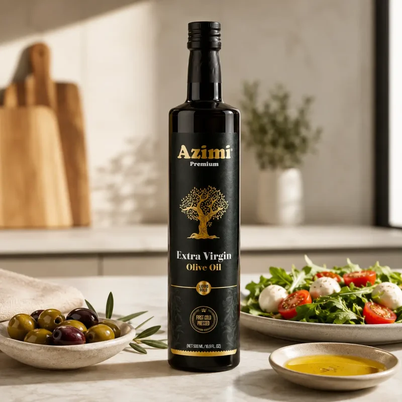 azimi-premium-500ml-extra-virgin-olive-oil-kitchen-salad Azimi Premium 500ml extra virgin olive oil beside a fresh salad