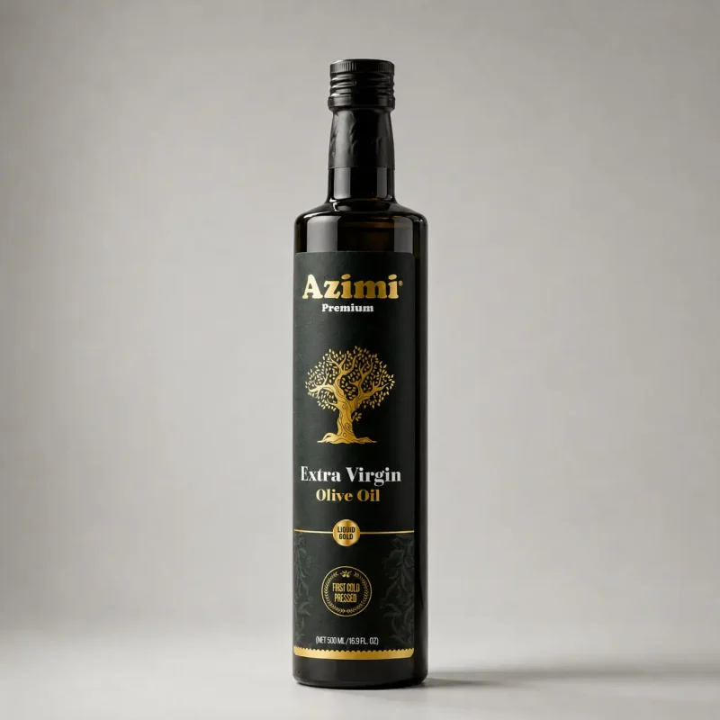 azimi-premium-500ml-extra-virgin-olive-oil-studio-bottle Azimi Premium 500ml extra virgin olive oil bottle in a studio setting