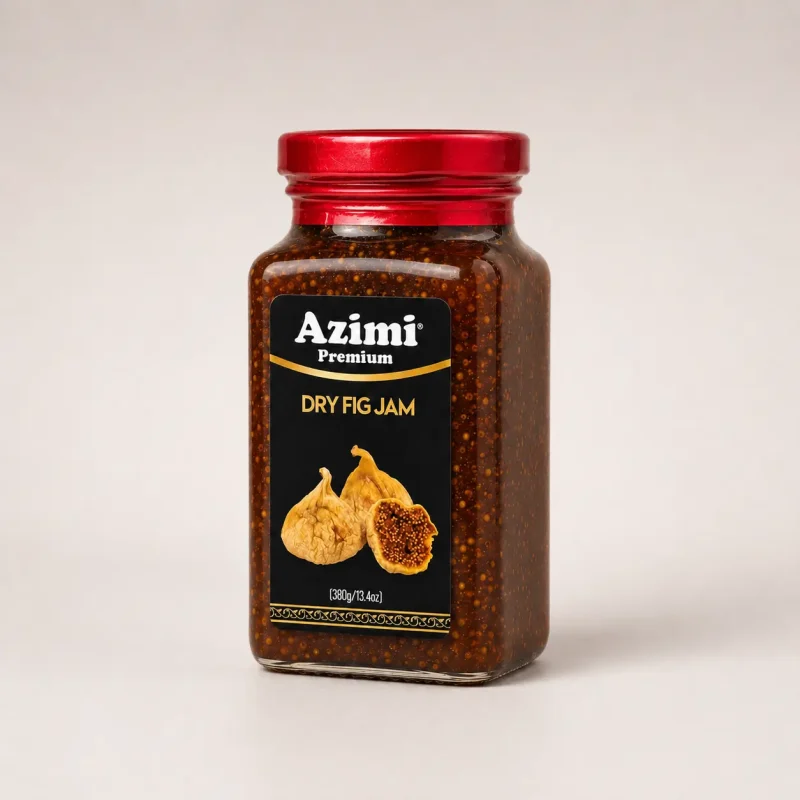 azimi-premium-dry-fig-jam-angled-jar Angled studio view of an Azimi Premium dry fig jam jar