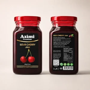 azimi-premium-sour-cherry-jam-front-back-packaging Front and back packaging of Azimi Premium sour cherry jam