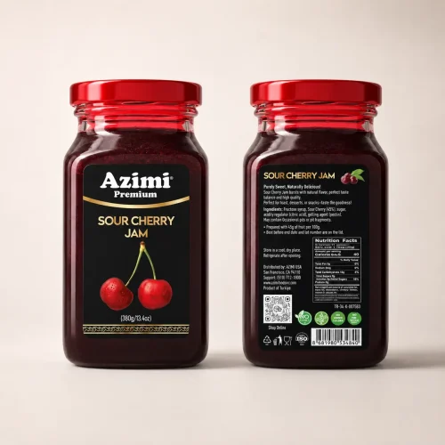 Front and back packaging of Azimi Premium sour cherry jam