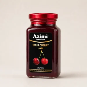 azimi-premium-sour-cherry-jam-front-view Front view of a jar of Azimi Premium sour cherry jam