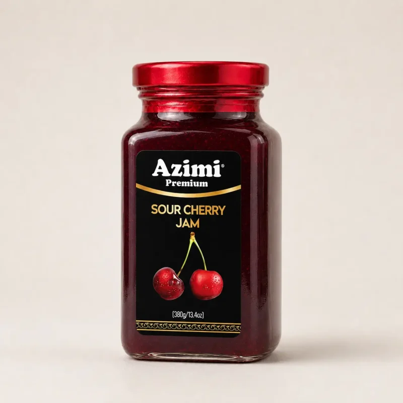 azimi-premium-sour-cherry-jam-front-view Front view of a jar of Azimi Premium sour cherry jam