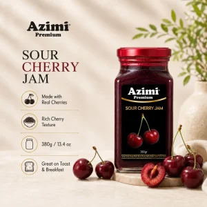 azimi-premium-sour-cherry-jam-product-details Azimi Premium sour cherry jam with texture size and serving details